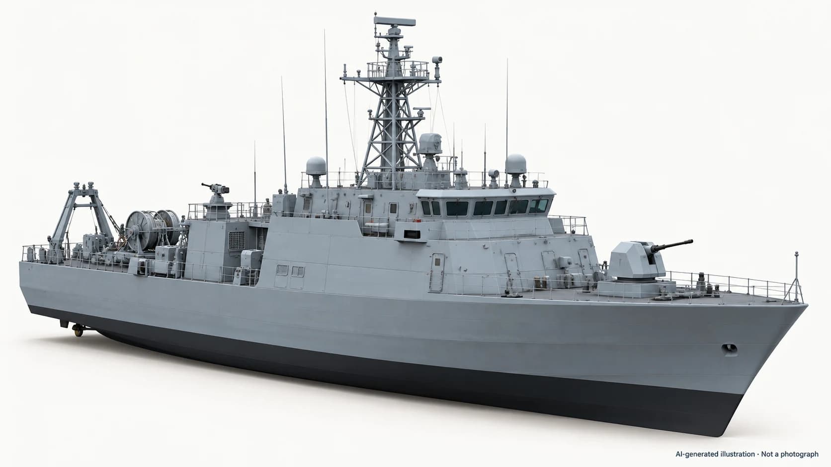 AI-generated illustration · Not a photograph — Representative exterior of A-class minehunter