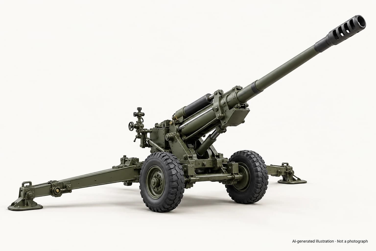 AI-generated illustration · Not a photograph — Representative exterior of AH4 howitzer