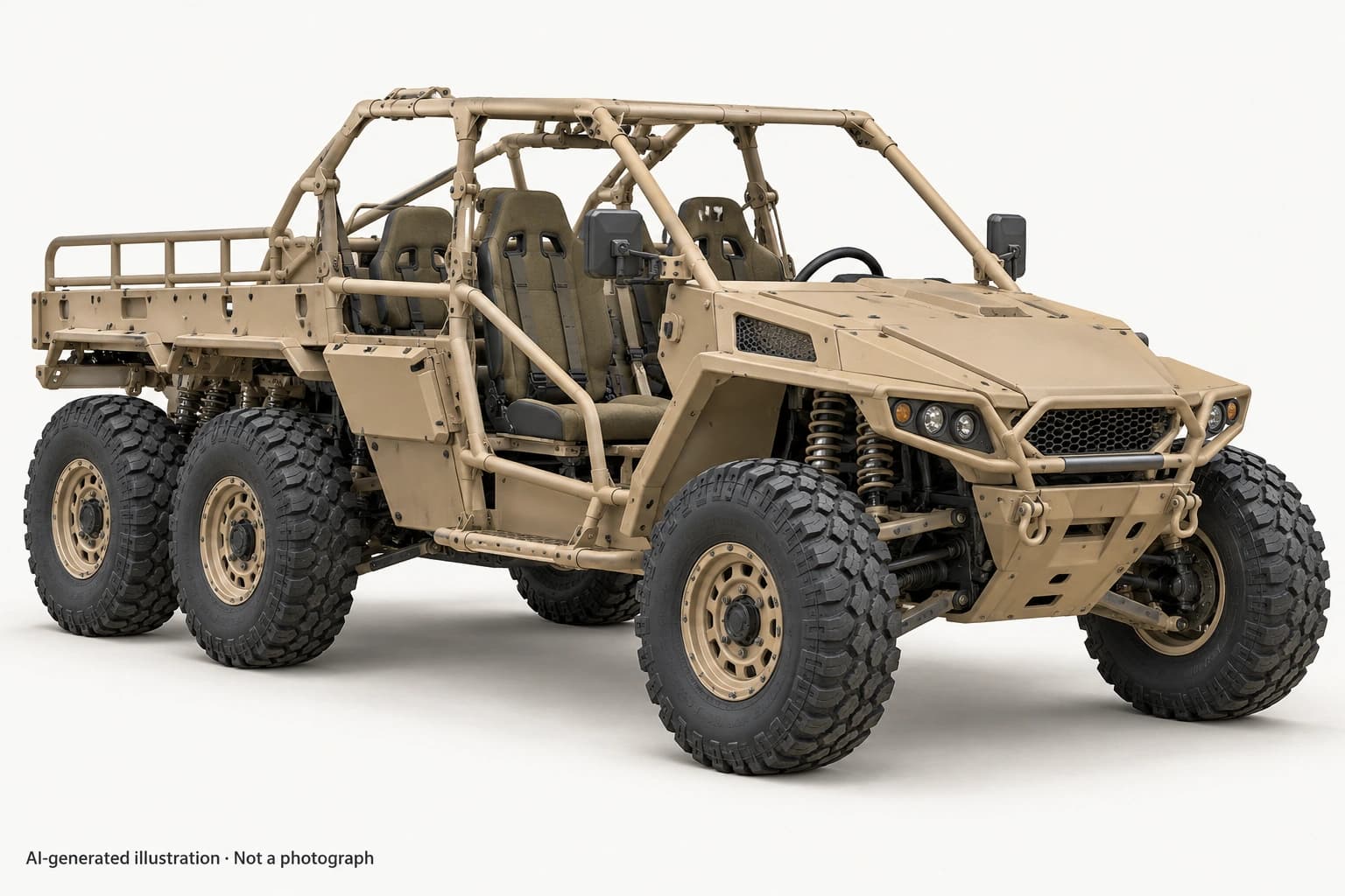 AI-generated illustration · Not a photograph — Representative exterior of AIL Desert Raider