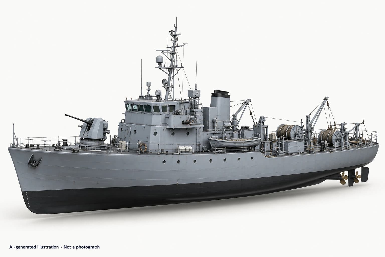 AI-generated illustration · Not a photograph — Representative exterior of Aratu-class minesweeper