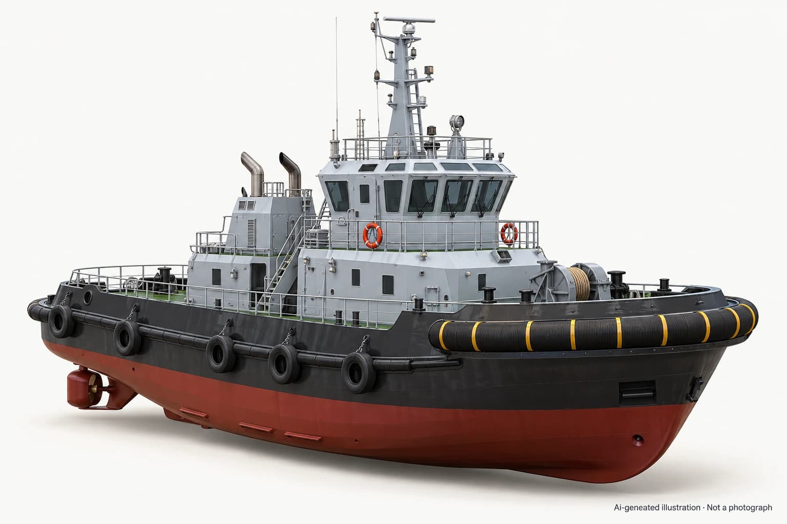 AI-generated illustration · Not a photograph — Representative exterior of Bhim-class tugboat