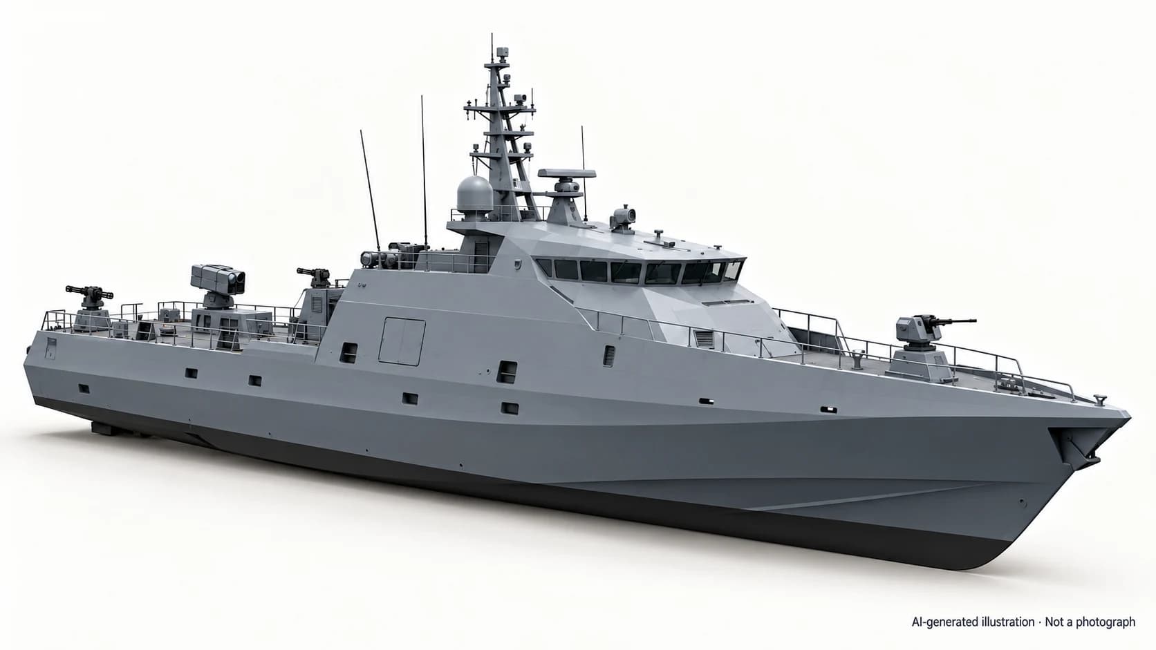 AI-generated illustration · Not a photograph — Representative exterior of Cabrini-class patrol boat