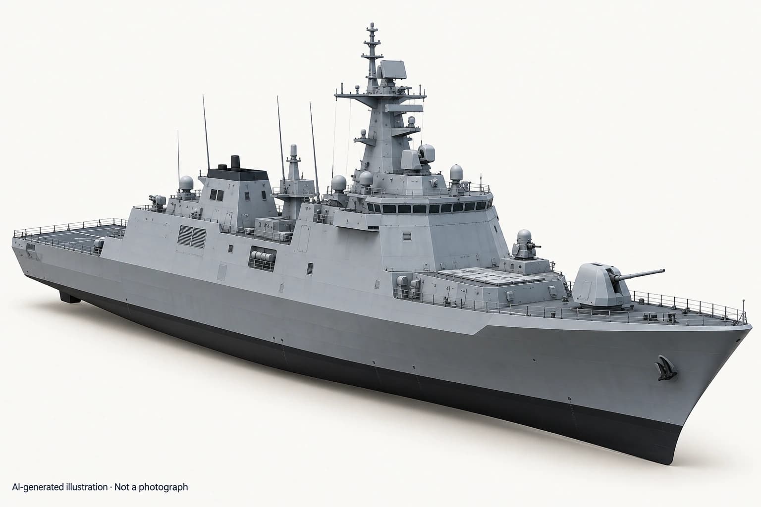 AI-generated illustration · Not a photograph — Representative exterior of Chungnam-class frigate