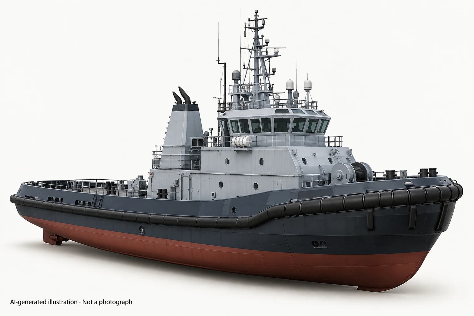 AI-generated illustration · Not a photograph — Representative exterior of Ciclope-class tugboat