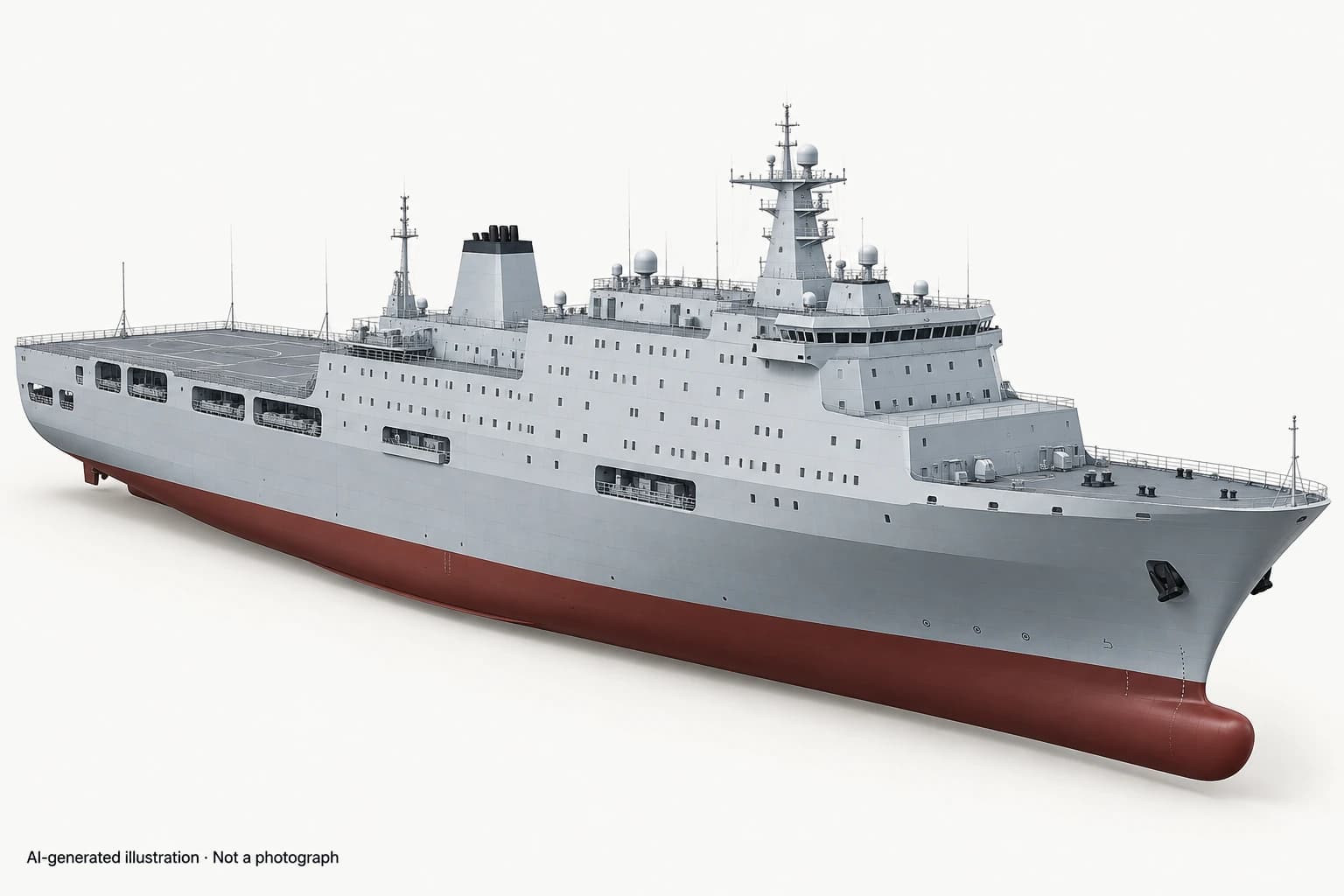 AI-generated illustration · Not a photograph — Representative exterior of Daguan-class troopship