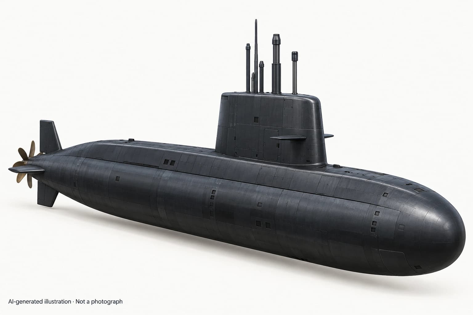 AI-generated illustration · Not a photograph — Representative exterior of Dakar-class submarine