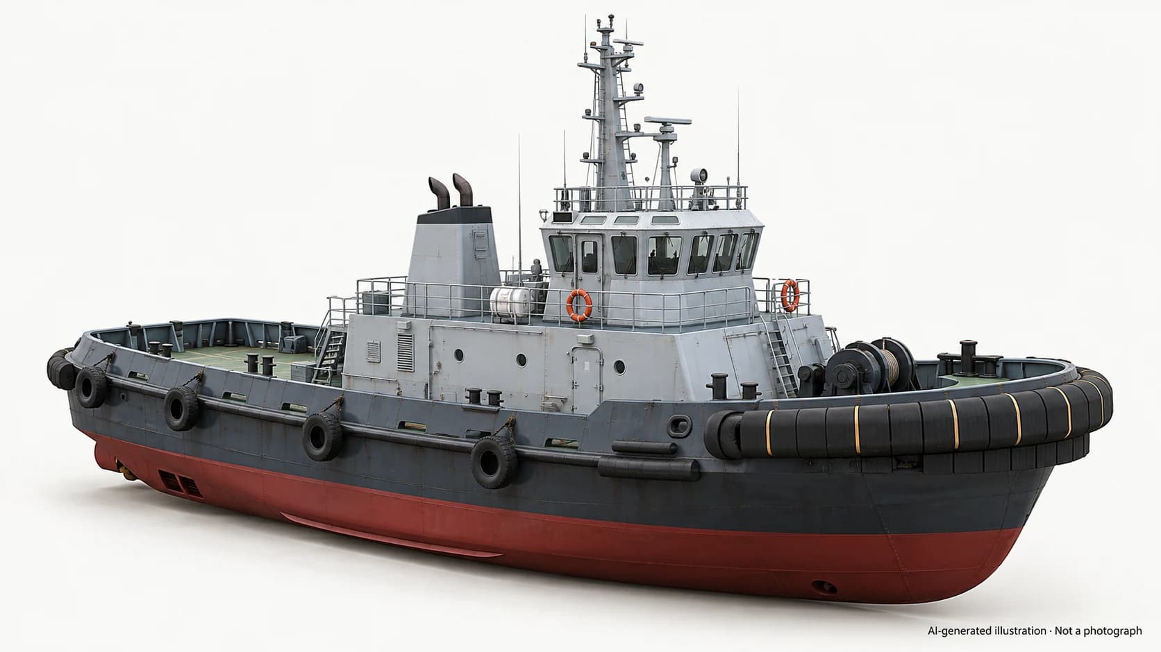 AI-generated illustration · Not a photograph — Representative exterior of Duhast-class tug