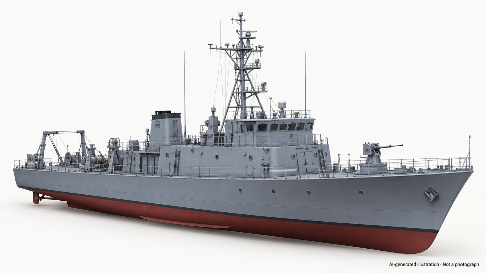 AI-generated illustration · Not a photograph — Representative exterior of Enoshima-class minesweeper
