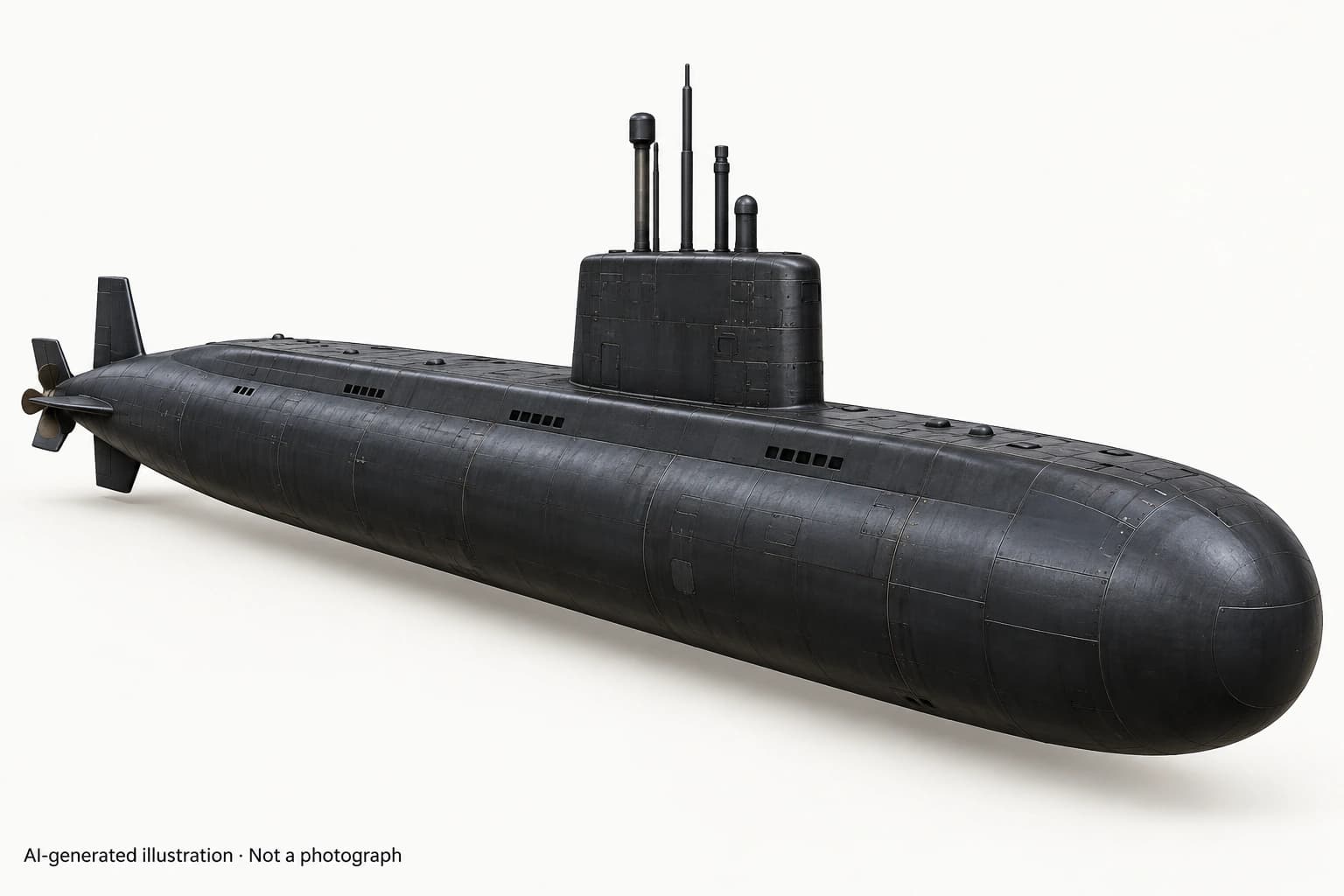 AI-generated illustration · Not a photograph — Representative exterior of Fateh-class submarine