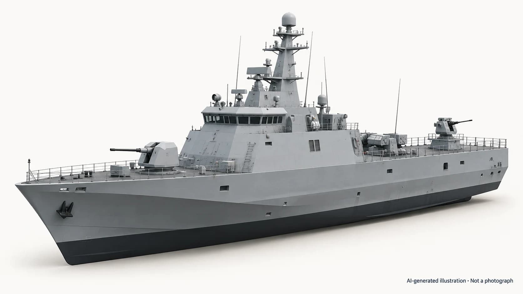 AI-generated illustration · Not a photograph — Representative exterior of Fearless-class patrol vessel