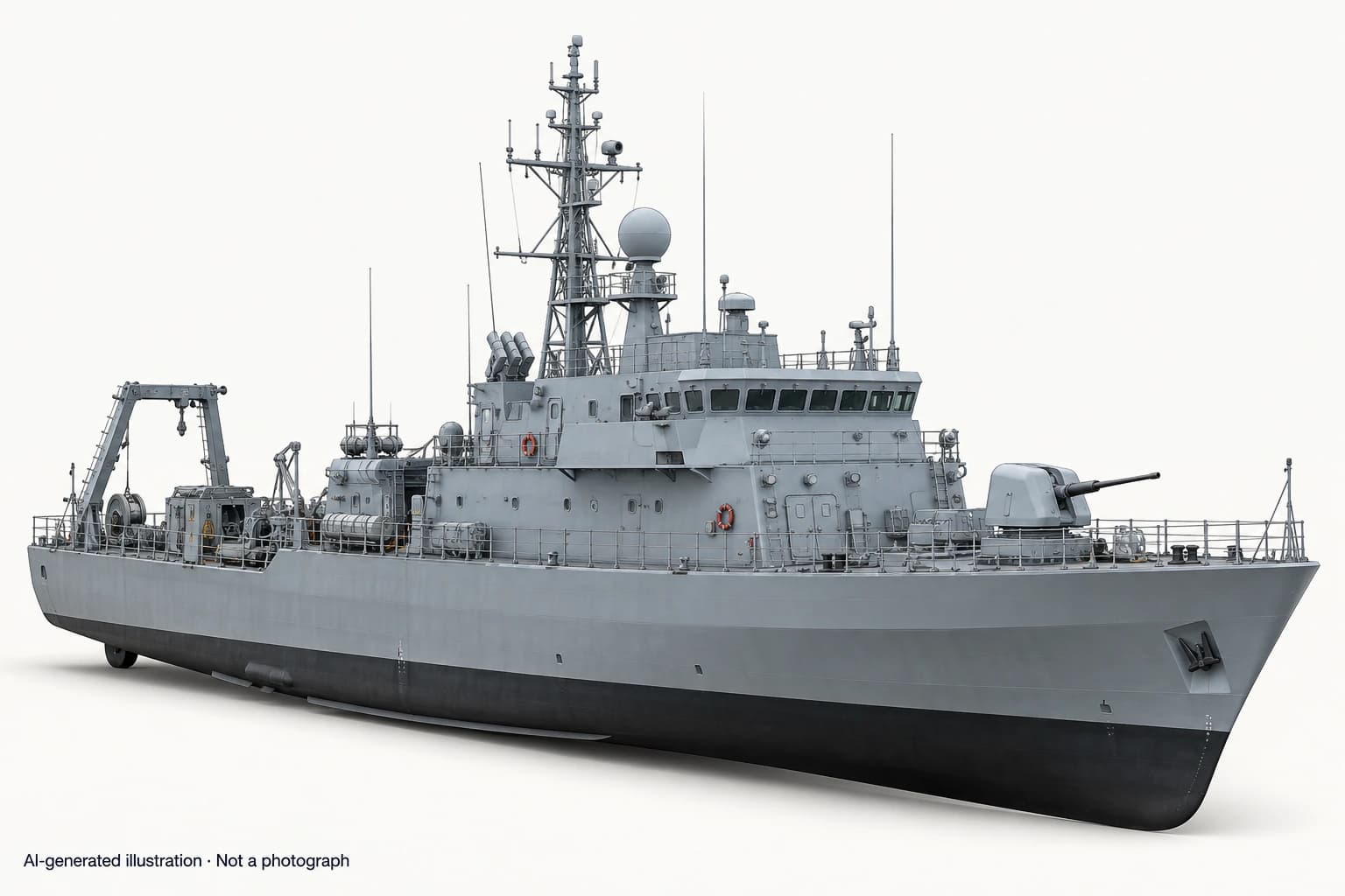 AI-generated illustration · Not a photograph — Representative exterior of Frankenthal-class minehunter
