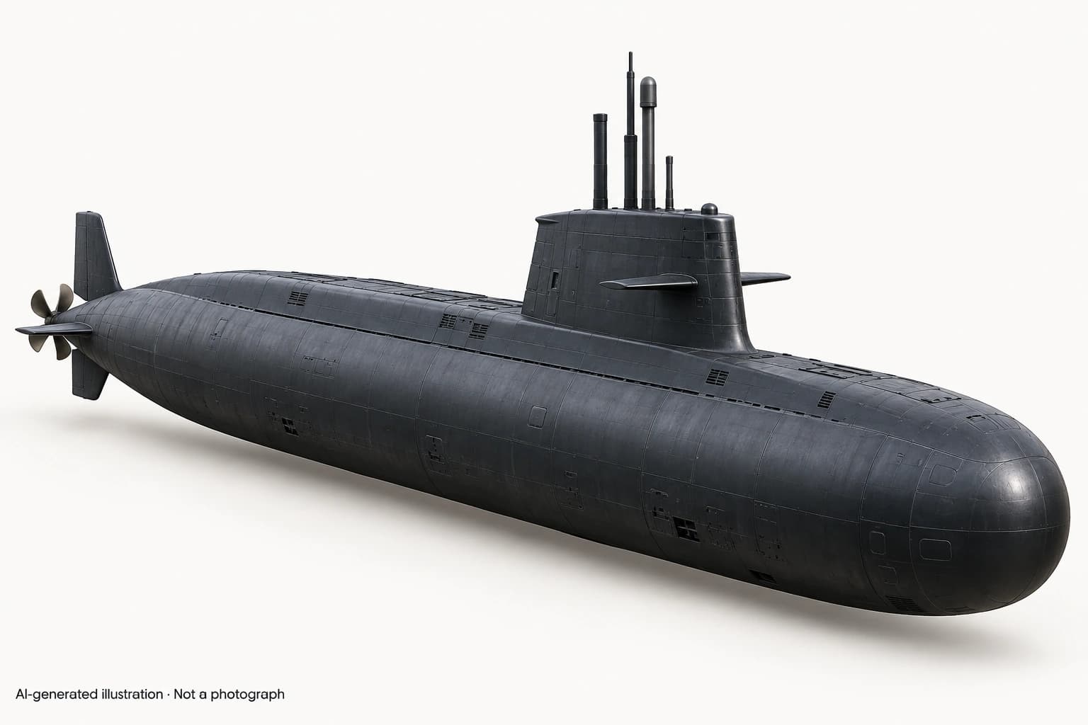 AI-generated illustration · Not a photograph — Representative exterior of Hangor-class submarine