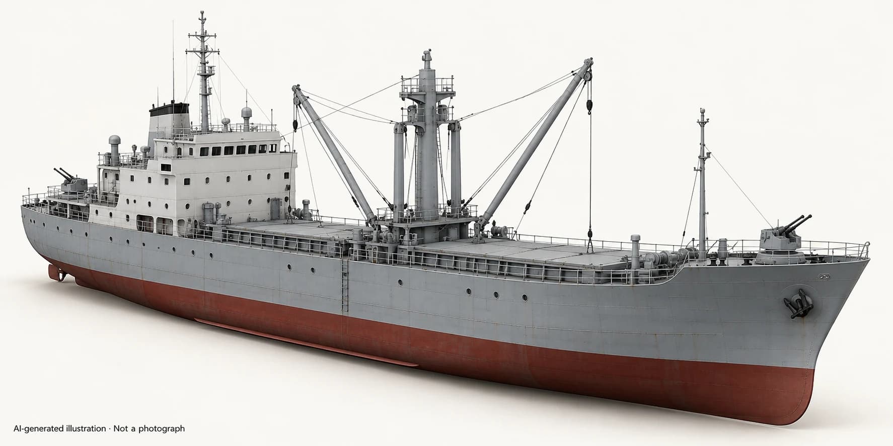 AI-generated illustration · Not a photograph — Representative exterior of Hongqi-class cargo ship