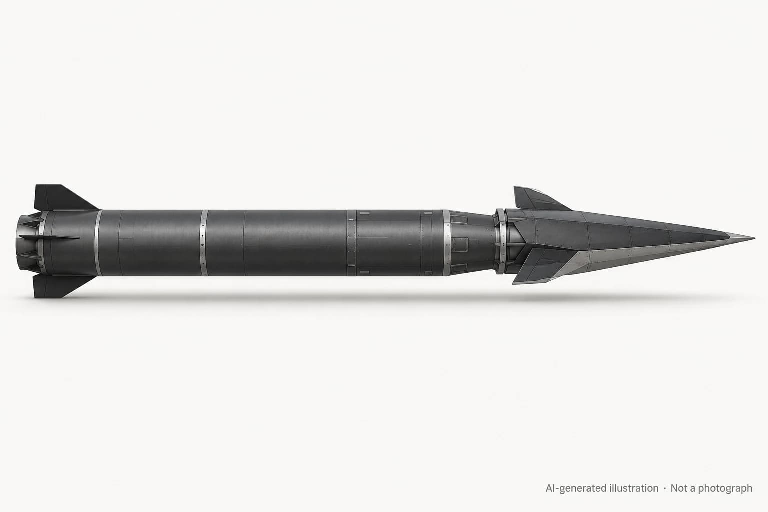 AI-generated illustration · Not a photograph — Representative exterior of Hwasong-8