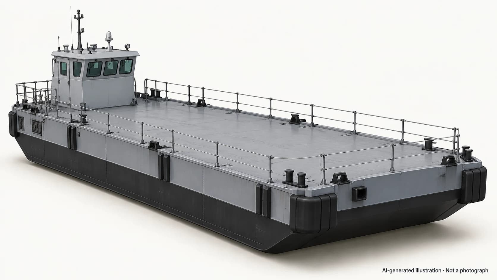 AI-generated illustration · Not a photograph — Representative exterior of IRS-class barge