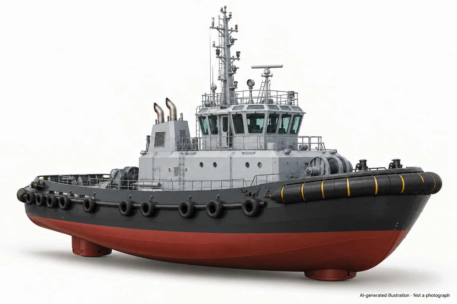 AI-generated illustration · Not a photograph — Representative exterior of IRS-class tugboat