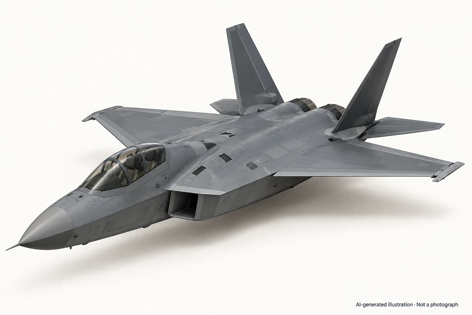 AI-generated illustration · Not a photograph — Representative exterior of KAI KF-21 Boramae
