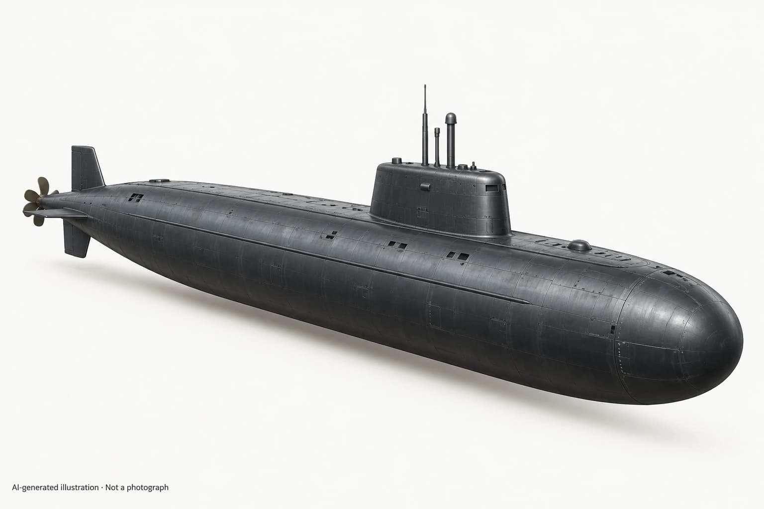 AI-generated illustration · Not a photograph — Representative exterior of Kashalot-class submarine
