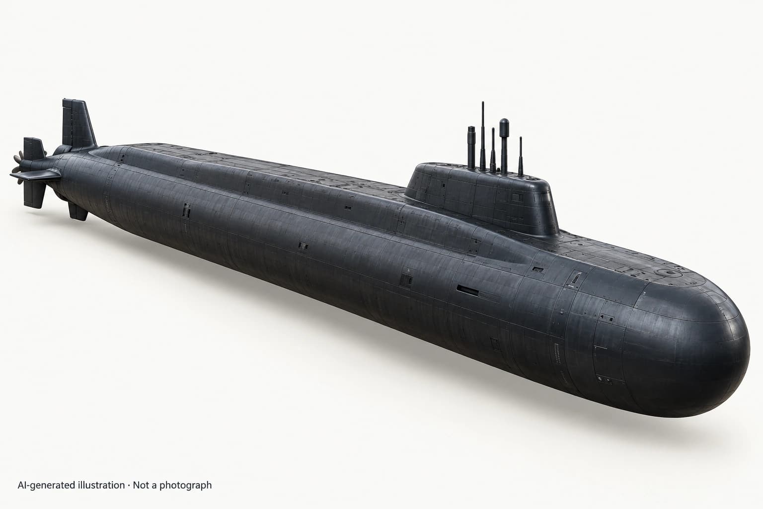 AI-generated illustration · Not a photograph — Representative exterior of Khabarovsk-class submarine
