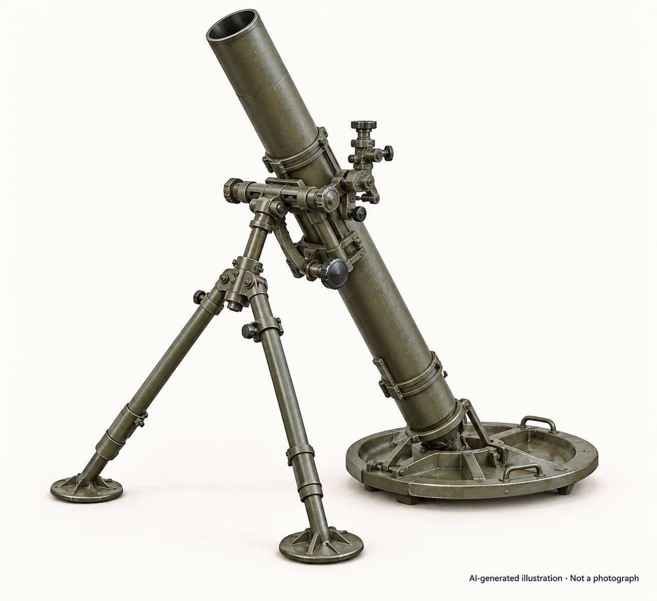 AI-generated illustration · Not a photograph — Representative exterior of M74 light mortar