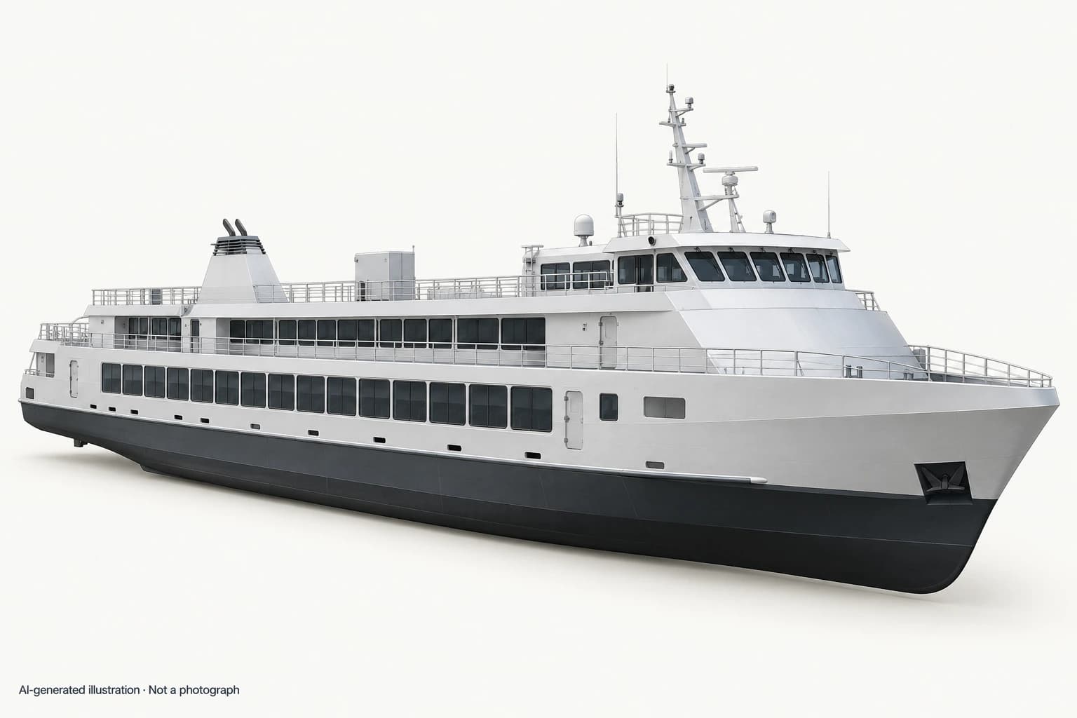 AI-generated illustration · Not a photograph — Representative exterior of Manoram-class ferry