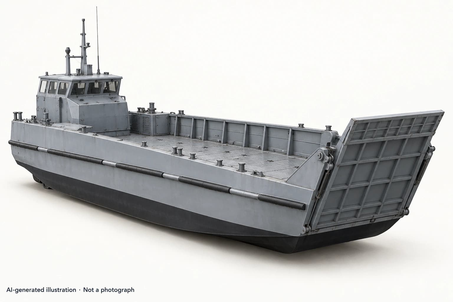 AI-generated illustration · Not a photograph — Representative exterior of MTM217-class landing craft