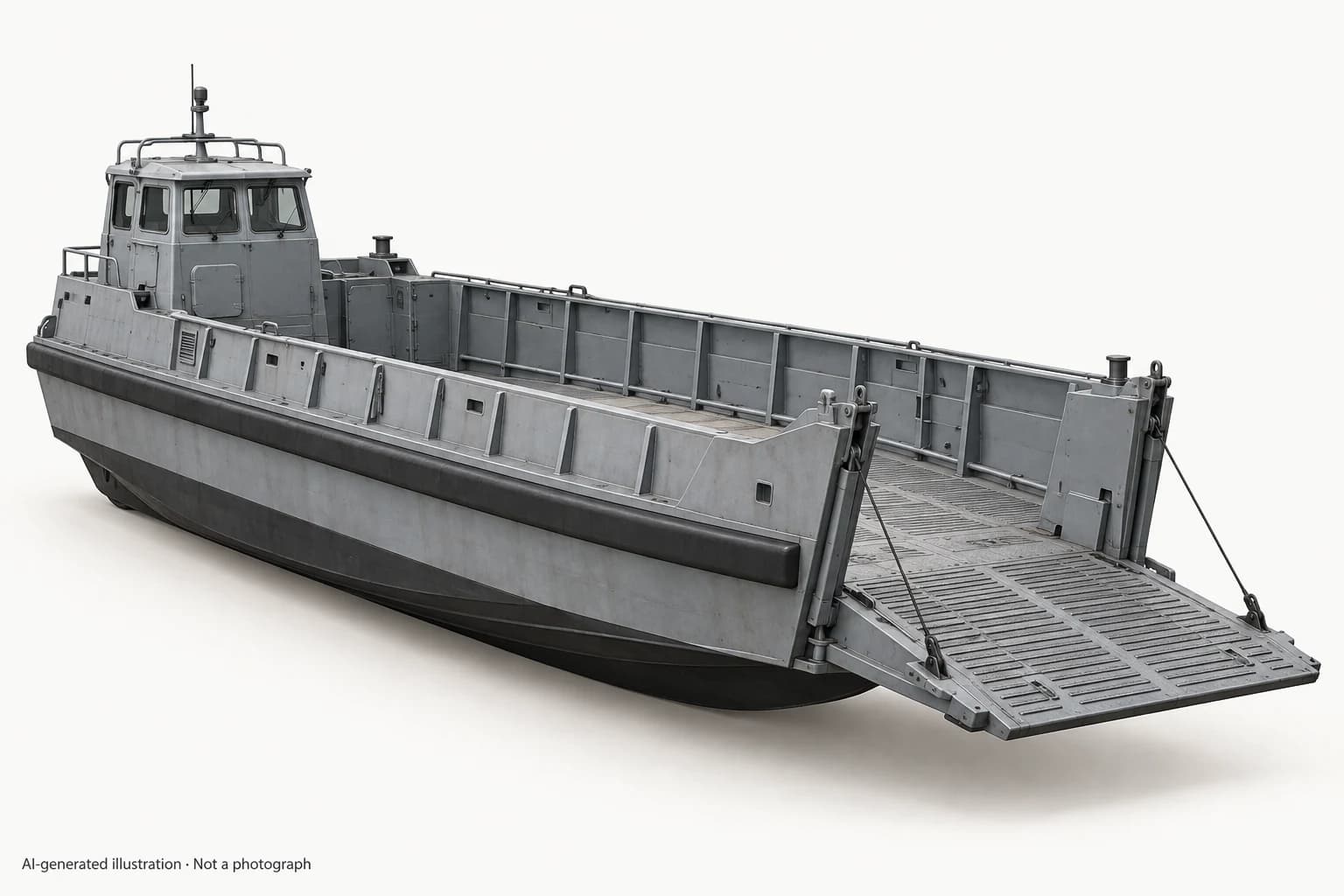 AI-generated illustration · Not a photograph — Representative exterior of MTP96-class landing craft