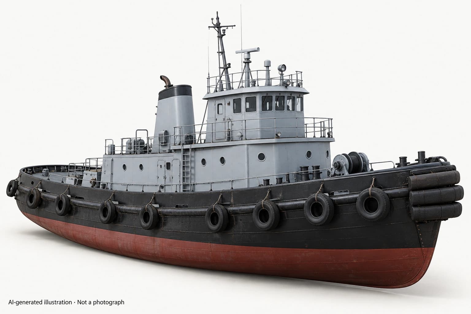 AI-generated illustration · Not a photograph — Representative exterior of Natick-class tugboat