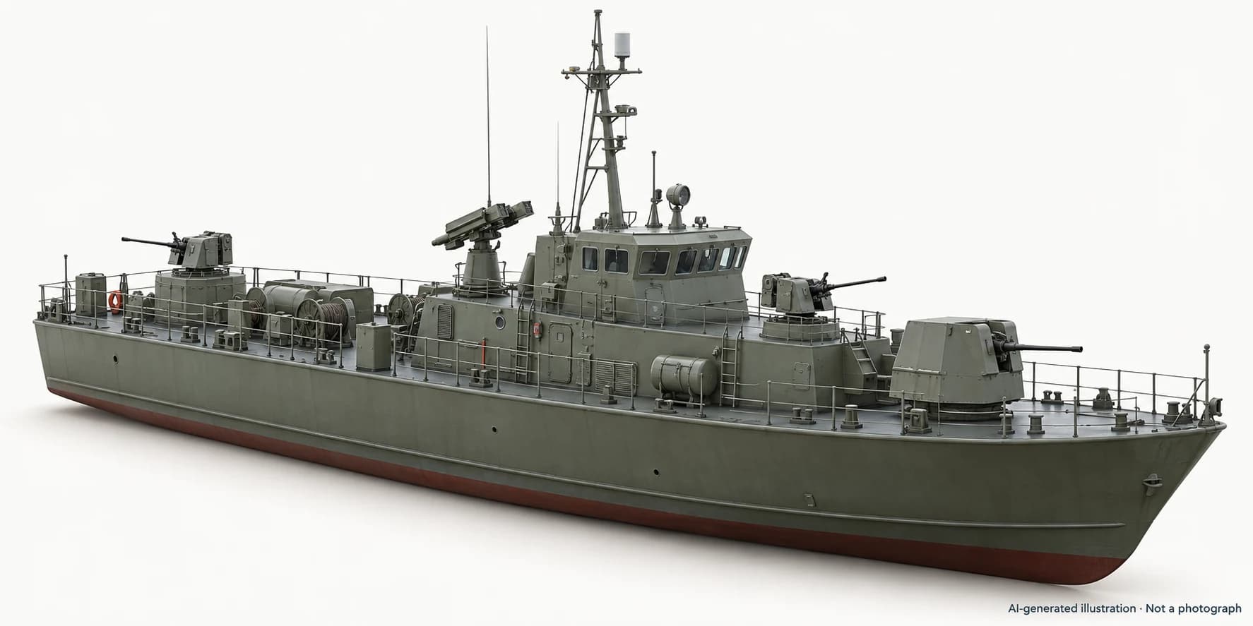 AI-generated illustration · Not a photograph — Representative exterior of Neštin-class minesweeper