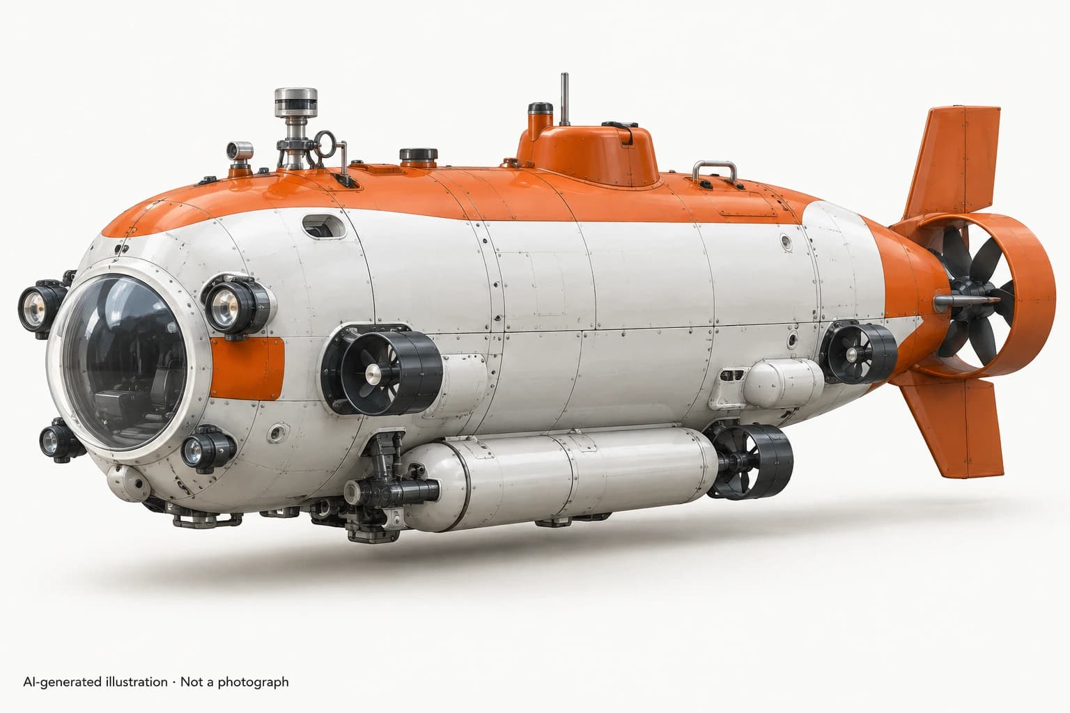 AI-generated illustration · Not a photograph — Representative exterior of Osprey-class submersible
