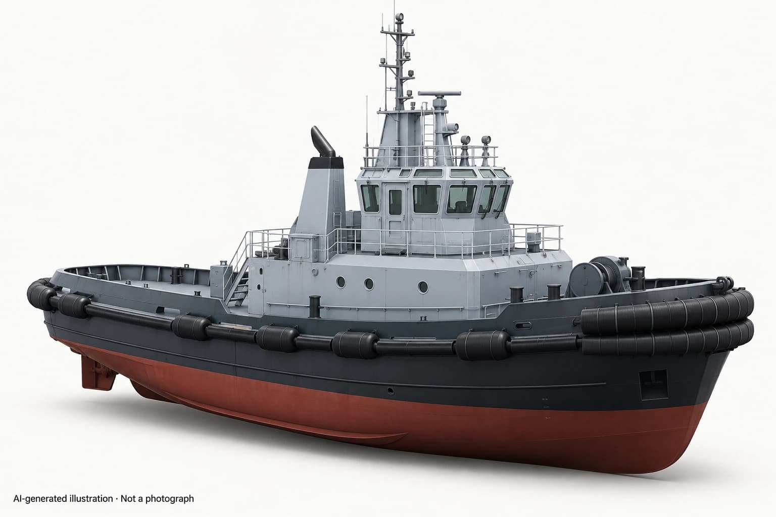 AI-generated illustration · Not a photograph — Representative exterior of Porto-class tugboat