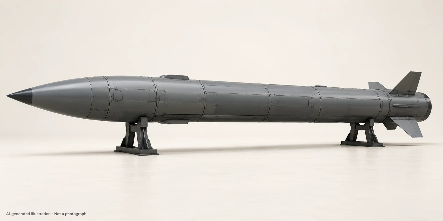 AI-generated illustration · Not a photograph — Representative exterior of Pralay (missile)