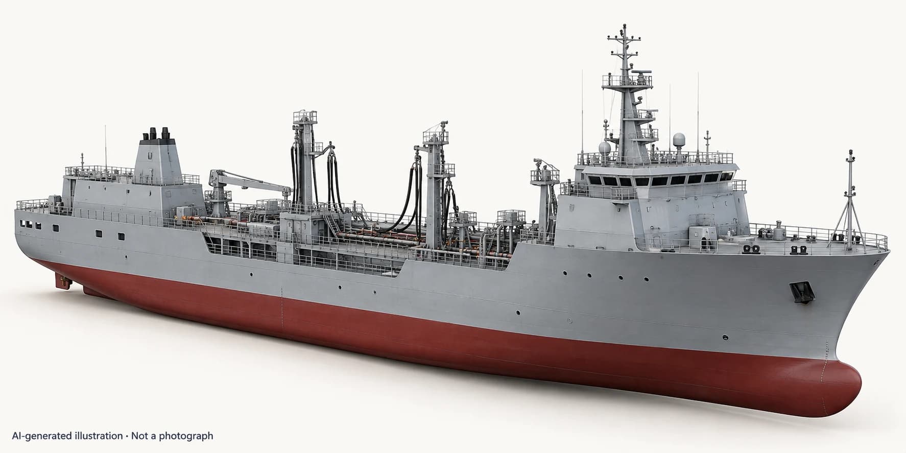 AI-generated illustration · Not a photograph — Representative exterior of Project 23630 replenishment oiler