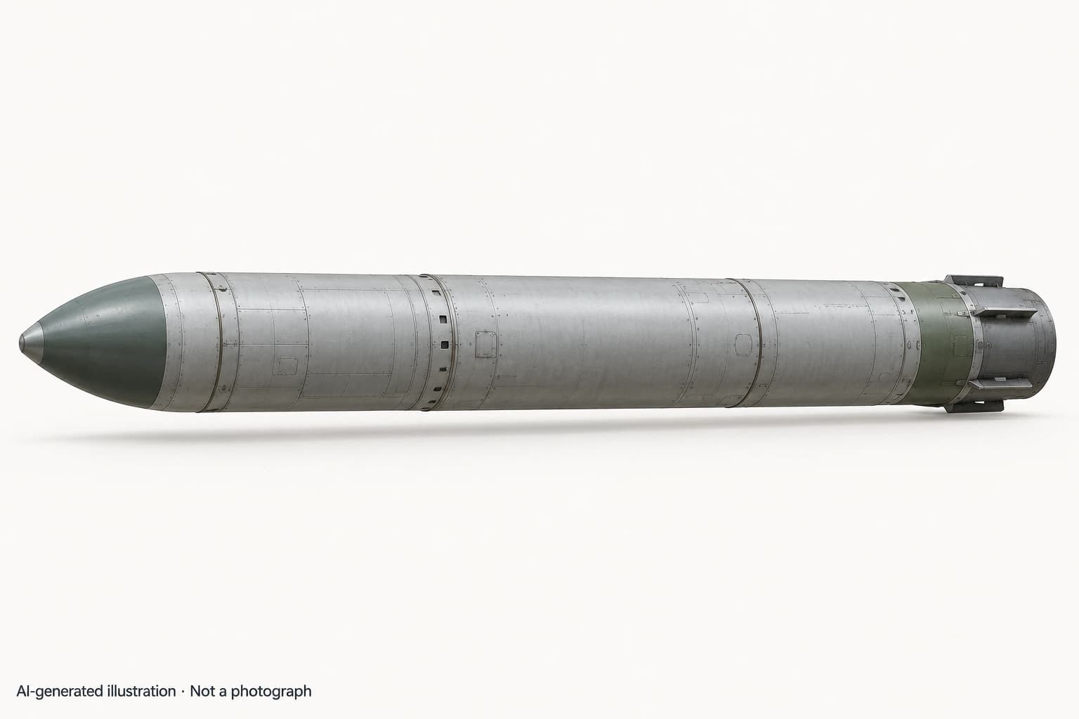 AI-generated illustration · Not a photograph — Representative exterior of R-29 (missile)