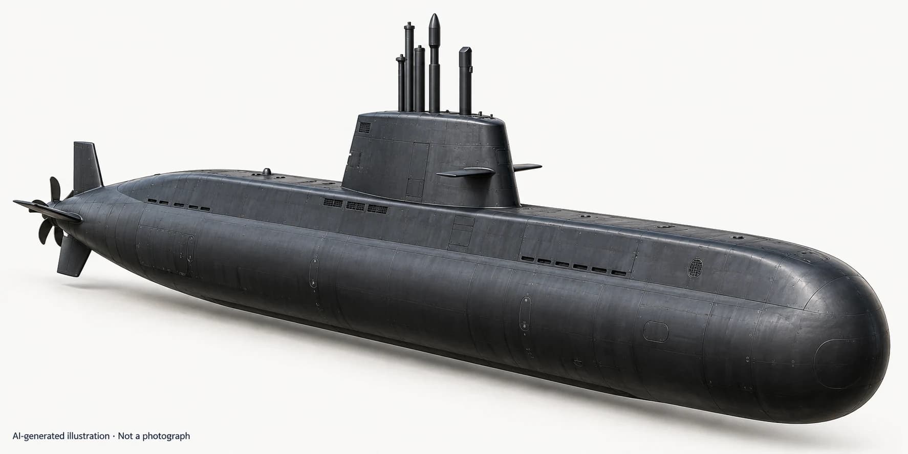 AI-generated illustration · Not a photograph — Representative exterior of Reis-class submarine
