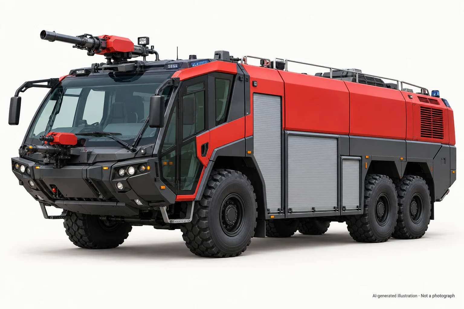 AI-generated illustration · Not a photograph — Representative exterior of Rosenbauer Panther