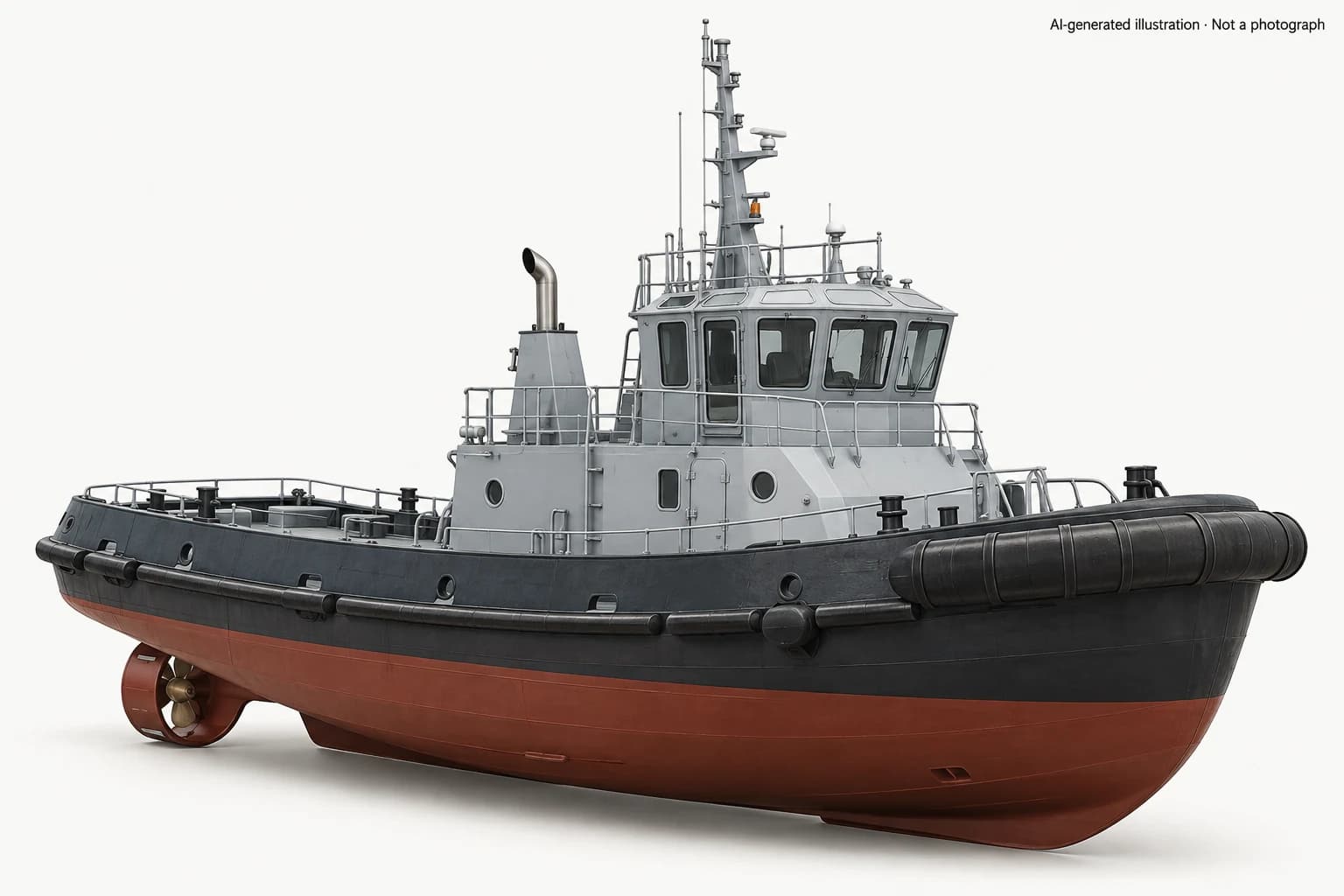 AI-generated illustration · Not a photograph — Representative exterior of RP 118-class tugboat