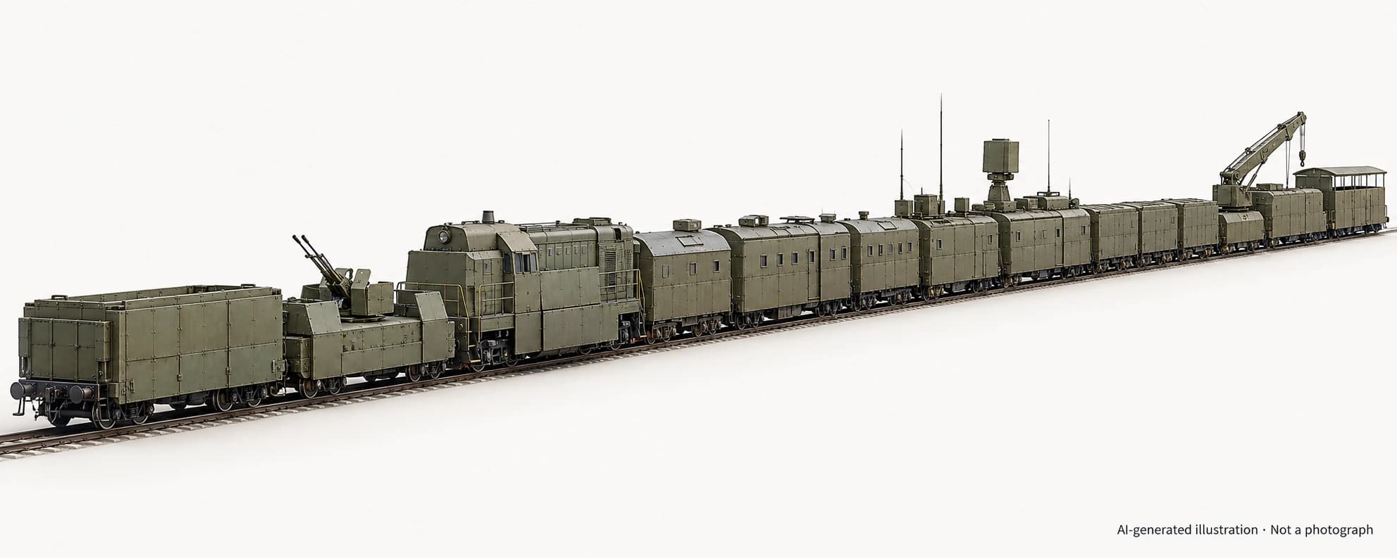 AI-generated illustration · Not a photograph — Representative exterior of Russian armoured train Amur