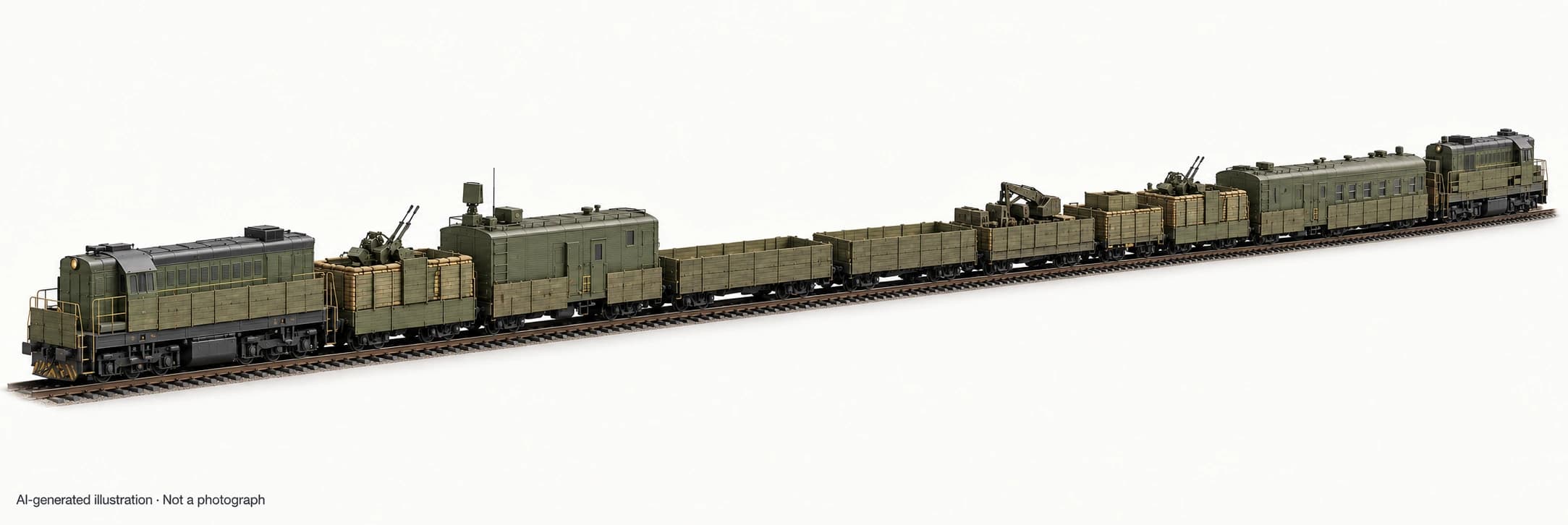AI-generated illustration · Not a photograph — Representative exterior of Russian armoured train Baikal