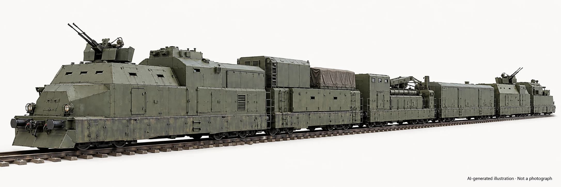 AI-generated illustration · Not a photograph — Representative exterior of Russian armoured train Volga