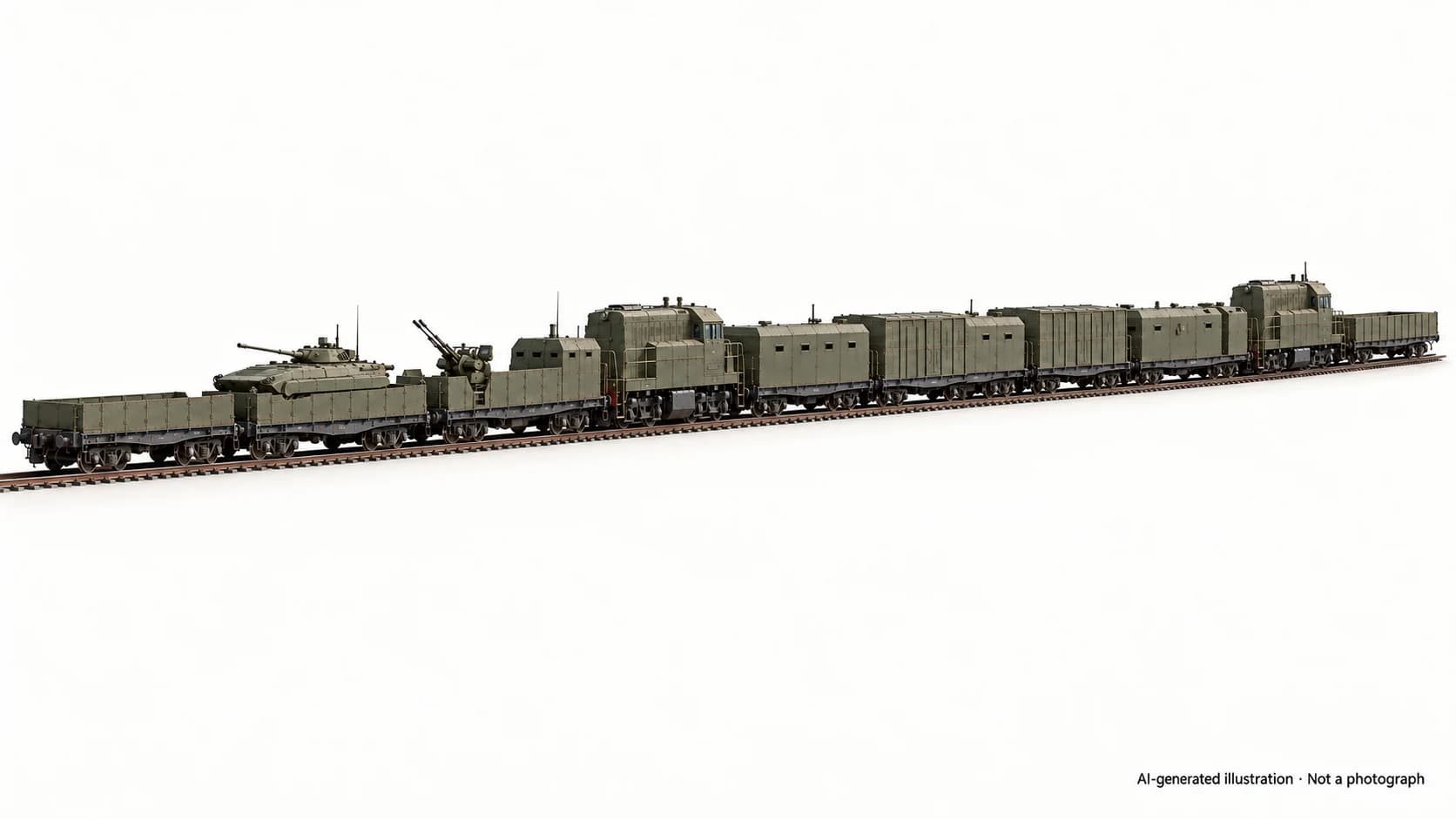 AI-generated illustration · Not a photograph — Representative exterior of Russian armoured train Yenisei