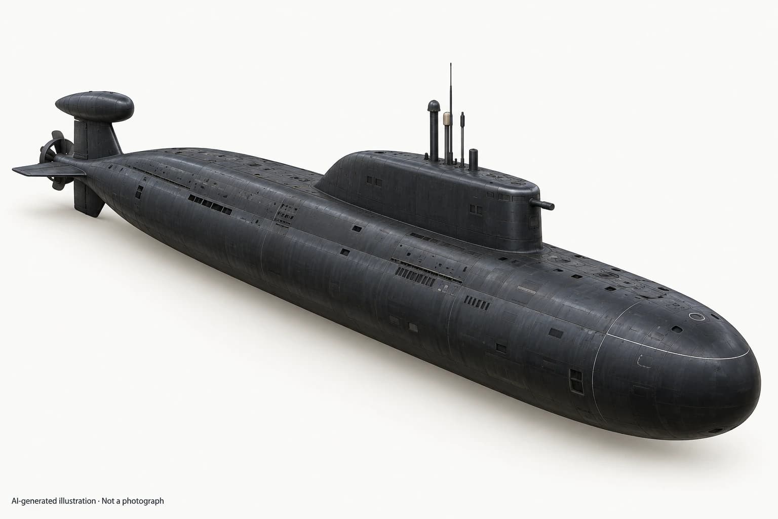 AI-generated illustration · Not a photograph — Representative exterior of Sierra-class submarine