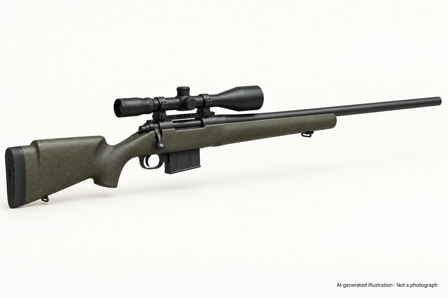 AI-generated illustration · Not a photograph — Representative exterior of Siyavash sniper rifle