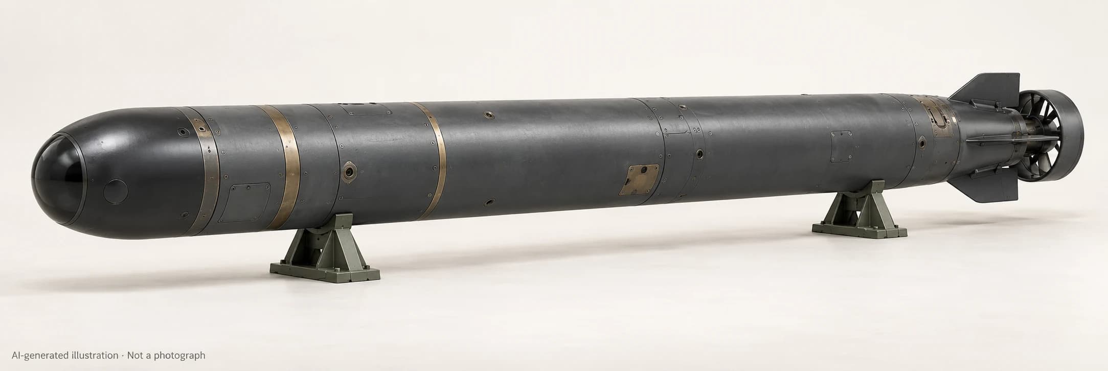 AI-generated illustration · Not a photograph — Representative exterior of Spearfish torpedo