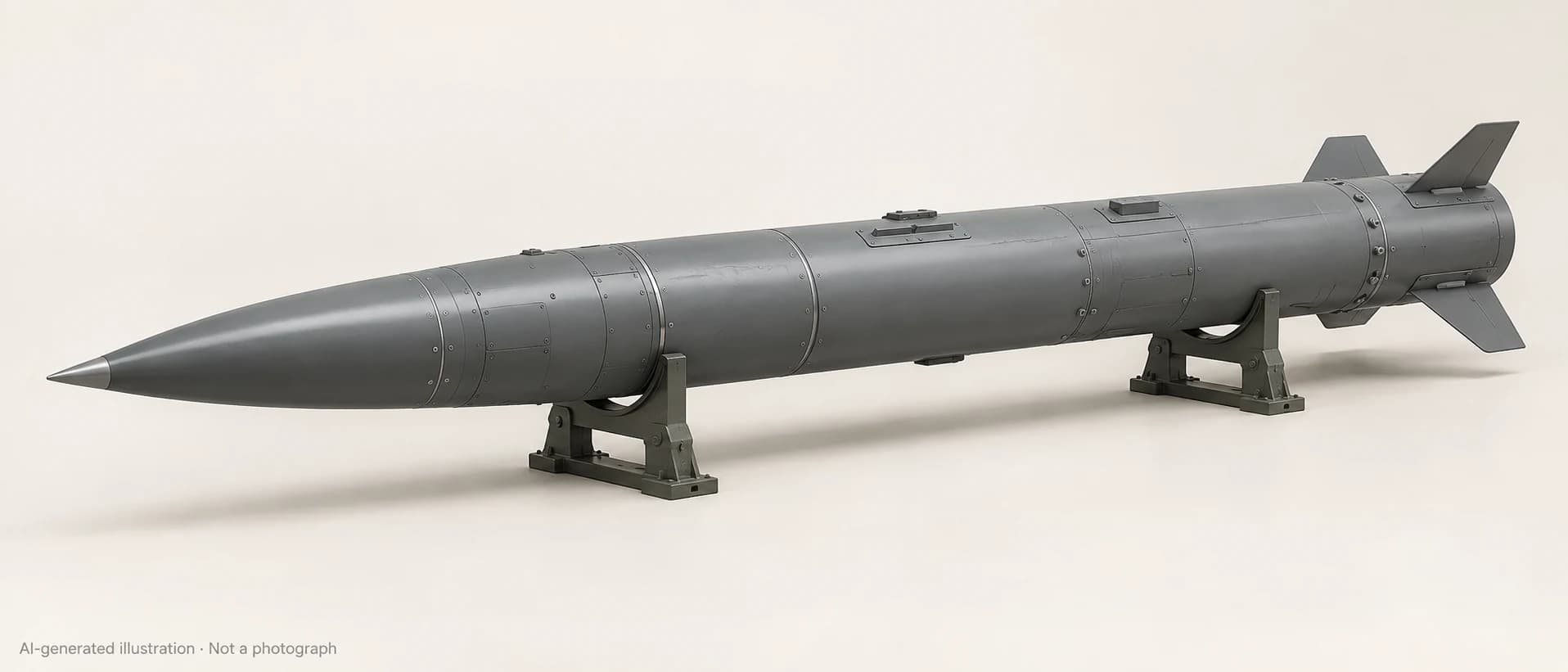 AI-generated illustration · Not a photograph — Representative exterior of Tayfun (missile)