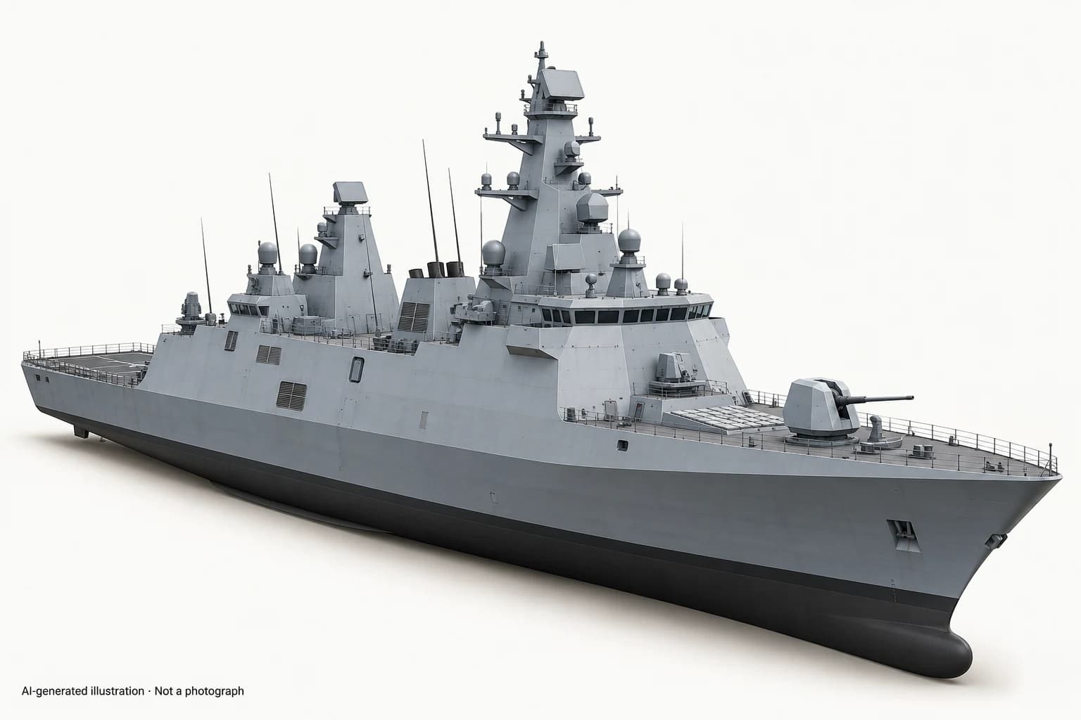 AI-generated illustration · Not a photograph — Representative exterior of Tepe-class destroyer