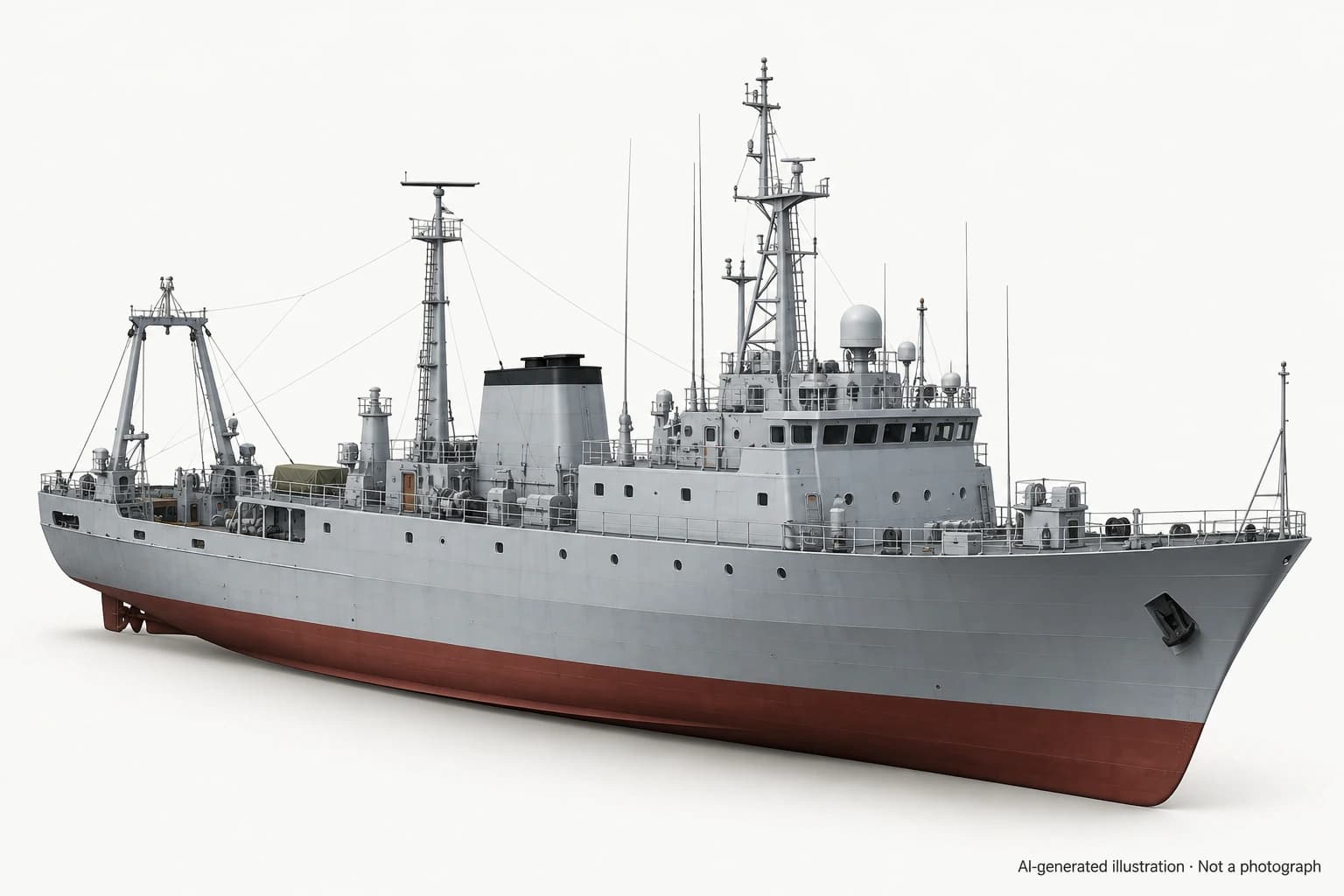 AI-generated illustration · Not a photograph — Representative exterior of Type 792 naval trawler