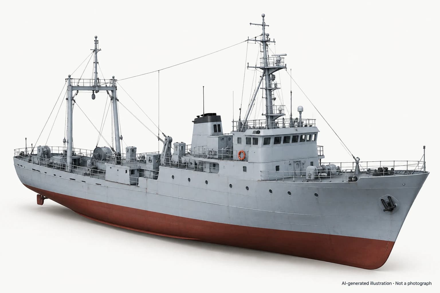 AI-generated illustration · Not a photograph — Representative exterior of Type 8105 naval trawler