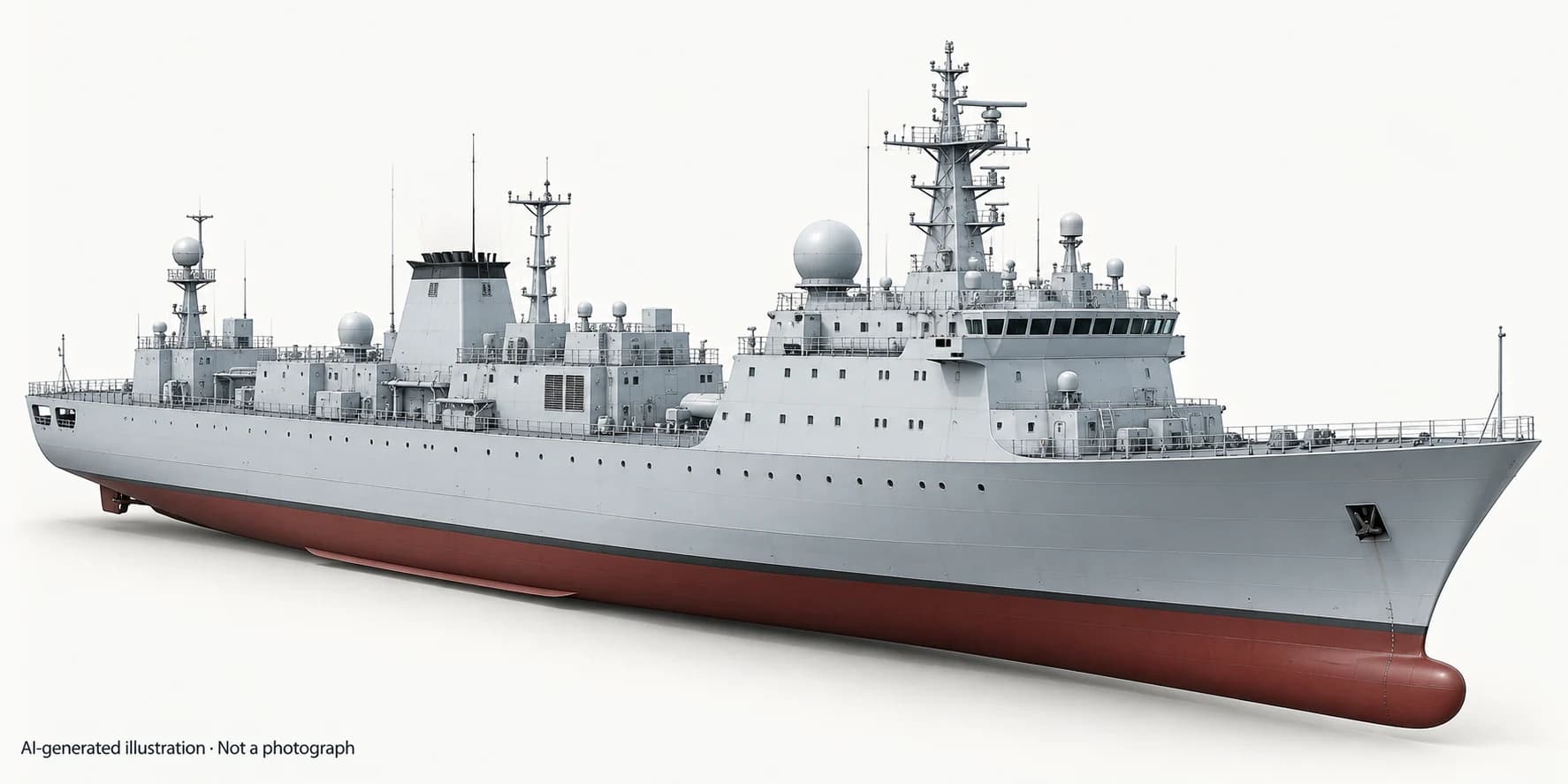 AI-generated illustration · Not a photograph — Representative exterior of Type 910 weapon trials ship