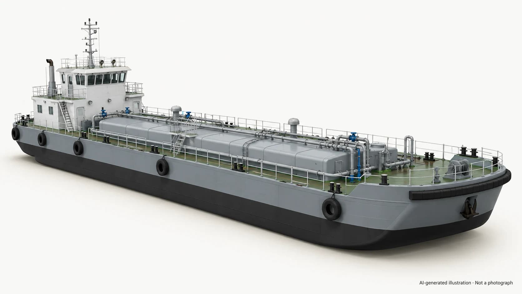 AI-generated illustration · Not a photograph — Representative exterior of Vipul-class barge